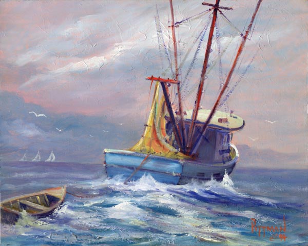 Shrimp Boat heading out to sea - oil on canvas